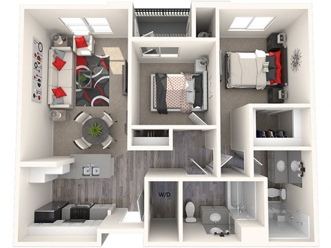 Floor plan for 2 beds, 2 baths, 853 sqft